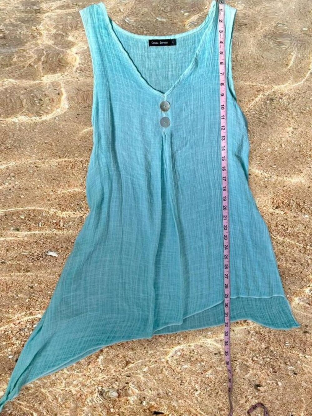 Vintage Aqua Blue Semi Sheer Asymmetrical Dress Coverup ⭐️ Shell Button Details